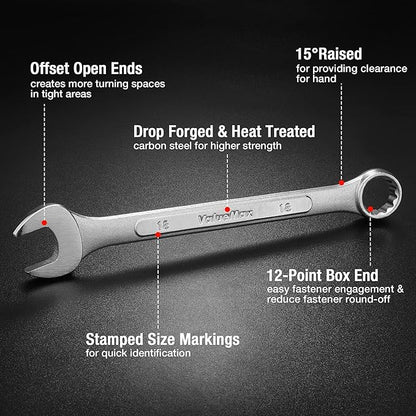 ValueMax Mechanics Wrench Set Metric and Standard, 20PCS Complete Combination Wrenches Roll Set. SAE 1/4" to 3/4", Metric 6mm to 18mm, Full Wrench Set with Roll up Pouch