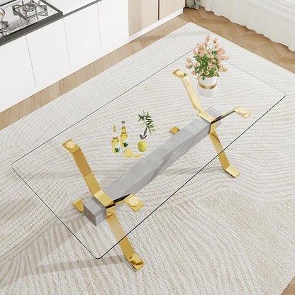 79" Glass Dining Table, Modern Kitchen Table, Modern Dining Table for 8, 0.5" Thick Tempered Glass Tabletop with Gold Chrome Metal Legs and Grey Crossbar, Ideal for Dining Room, Kitchen