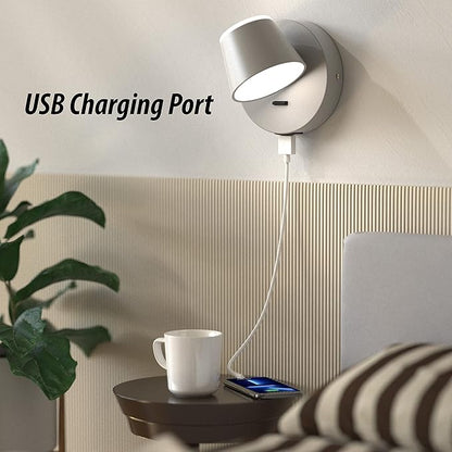 URSOLA Wall Light LED Wall Sconce with On/Off Switch USB Charging Port 110 Volt Hardwired Wall Lamp 350 Rotatable Up Down Sconces Wall Lighting (Grey)