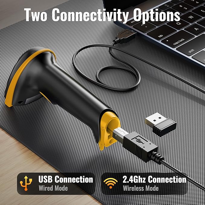 Tera Barcode Scanner Wireless Versatile 2-in-1 (2.4Ghz Wireless+USB 2.0 Wired) with Battery Level Indicator, 328 Feet Transmission Distance Rechargeable 1D Laser Bar Code Reader Handheld 5100 Yellow