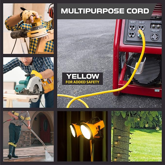 Iron Forge Cable Weatherproof 100 Ft Outdoor Extension Cord - 14/3 SJTW 15 Amp Heavy Duty Yellow Extension Cord 3 Prong - Lighted End