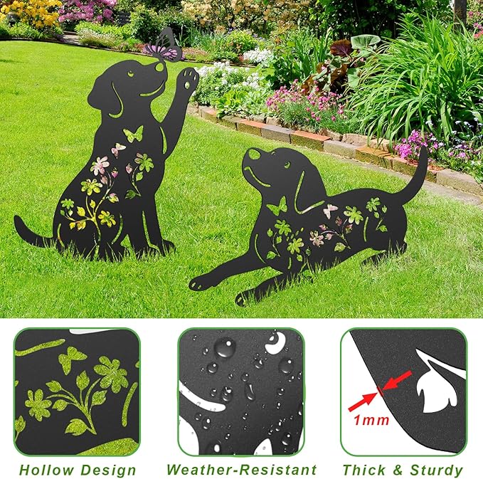 Metal Dog Garden Decor for Outside, 17 Inch Labrador Dog Gifts for Women Men, Rust-Proof Garden Stakes Black Silhouette Yard Art Statues, Yard Decorative for Patio Lawn Ornaments, Set of 2