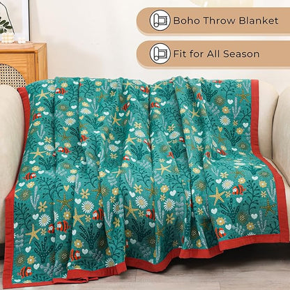Boho Throw Blanket 90''x98'',100% Cotton Blankets for Couch Bed,Cotton Quilt Travel Muslin Blankets Farmhouse Home Decor Soft Lightweight Picnic Blanket