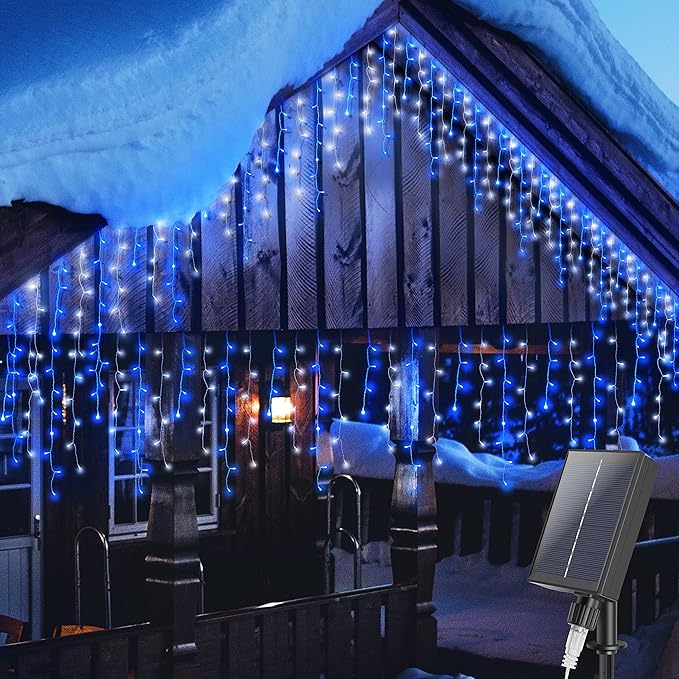 300 LED Solar Icicle Lights Outdoor with Remote Control, 33ft 8 Modes Curtain String Lights with 50 Drops, Christmas Holiday Wedding Party Decorations, Blue+White