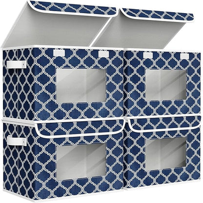 Univivi Fabric Foldable Storage Boxes [4-Pack] Large Collapsible Stackable Storage Bins with Lids, Closet Organizers and Storage Cube Basket for Home, Office, Bedroom (Blue Lantern, 17”x 12” x 12”)