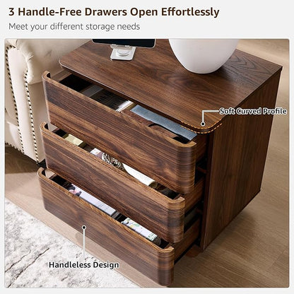 ACCOHOHO 22" Modern Nightstand with Charging Station, Push-to-Open Handleless 3 Drawers Bedside Table, Large End Table with Storage, Night Stand for Bedroom, Living Room, Curved Profile, Brown