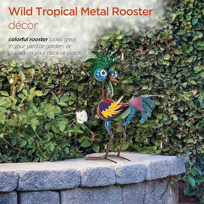 Alpine Corporation - 19" Tall Wild Tropical Metal Rooster Yard Statue – Colorful Indoor/Outdoor Garden Décor, Rustic & Fun Farm Animal for Garden, Patio, Lawn, or Porch