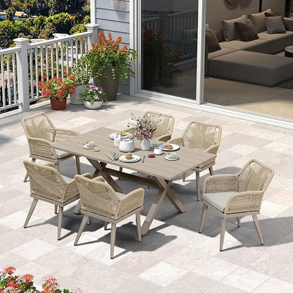 PURPLE LEAF 7 Pieces Outdoor Dining Set All-Weather PE Rattan Outdoor Patio Furniture Set with All Aluminum Frame Rectangular Table and Chairs Set for Lawn Garden Backyard Deck, Champagne
