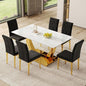 63" Modern Dining Table Set for 6, White Dining Room Set for 6, Tempered Glass Kitchen Table and PU Leather Chairs, Marble Pattern Top with Sturdy Gold Chrome Base