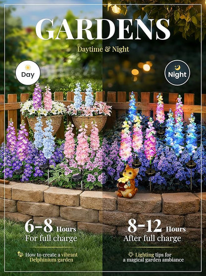 GIGALUMI Solar Lights Outdoor for Garden Decor, 3 Pack Solar Flower Lights Waterproof, 2 Lighting Modes Delphinium for Pathway,Yard, Patio, 4th of July Decoration, Gifts for Women (Multi-Colored)