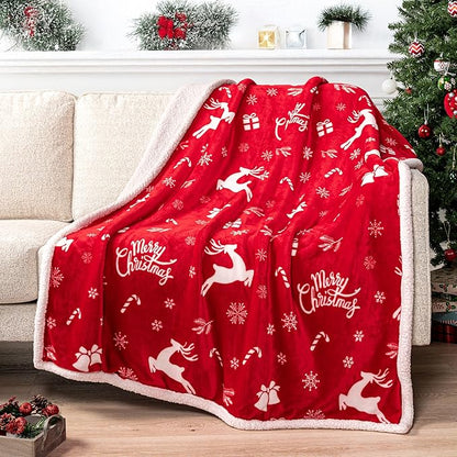 PAVILIA Red Reindeer Christmas Sherpa Throw Blanket, Ultra Soft Reversible Fleece Sherpa 50x60 Winter Blanket for Couch & Bed, Cozy Christmas Home Decor Holiday