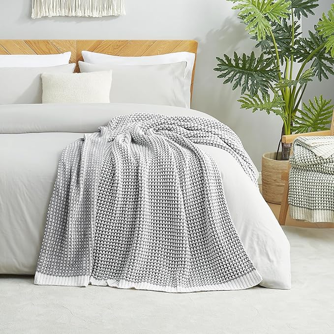 Amélie Home Waffle Chenille Throw Blanket for Couch, Pineapple Stitch Knit Soft Cozy Knit Blanket Decorative Throw for Sofa, Chair, 60"x80", Grey&Ivory