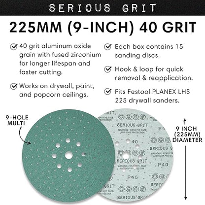 Serious Grit - 225mm 9-Hole 40 Grit Drywall Sanding Discs - Fits Festool Planex LHS 225 Sanders - Heavy-Duty Hook & Loop Film Abrasives - Dust-Free Multi-Hole Drywall Sander Sandpaper - 15 Pack