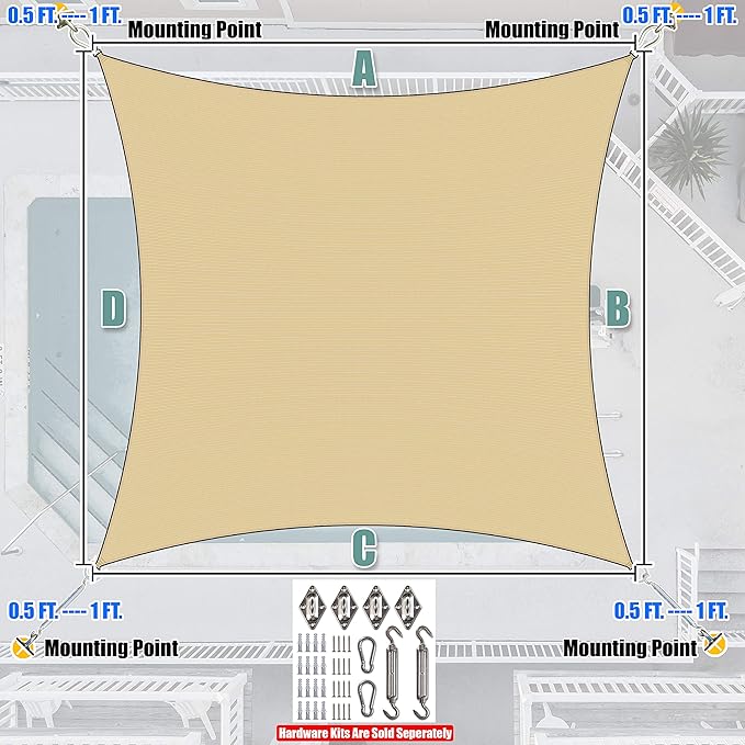Amgo Custom Size 13' x 22' Beige Rectangle Square Sun Shade Sail UPF50+ AGTAPR1620, Order to Make Canopy Awning, 95% UV Blockage, Water & Air Permeable, Commercial and Residential (We Customize)