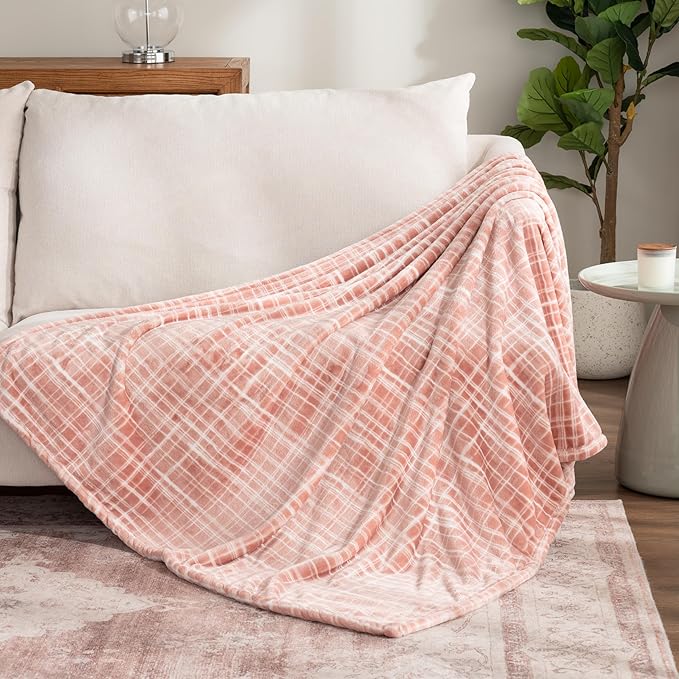Berkshire Blanket-Classic Heavyweight Soft Printed VelvetLoft® Plush Throw Blanket, Cozy and Fuzzy, Watercolor Plaid Blush, 50in x 70in