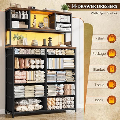 EnHomee Black Dresser with 14 Fabric Drawers, Dresser for Bedroom with Charging Station and LED Lights,Dressers & Chests of Drawers for Bedroom, Steel Frame & Wooden Top, Entryway