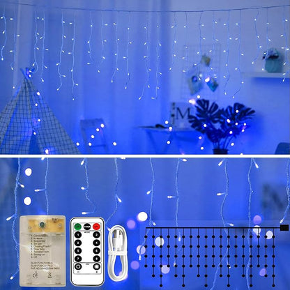 Icicle Lights 90 LED 10 ft Short Curtain Lights with 8 Modes Remote Control,Powerd by USB & Battery - Waterproof Fairy String Lights for Indoor & Outdoor,Holiday,Party,Window Decoration(Blue)