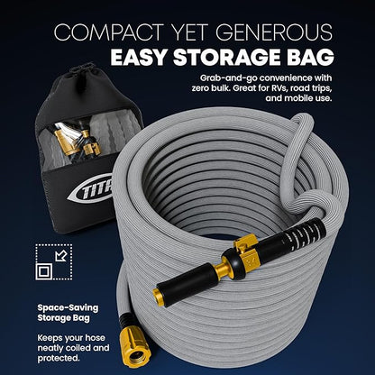 TITAN Flexible Garden Hose 25FT – Ultra Lightweight, Heavy Duty Water Hose with Brass Fittings & Jet Nozzle – Kink-Free, Non-Expanding, Durable Fabric Hose for Yard, Lawn, Car Wash, Outdoor Use