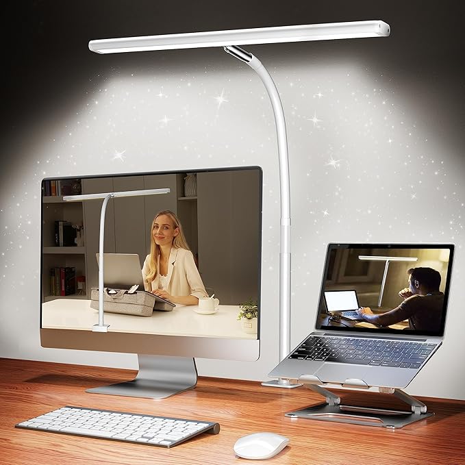 Airlonv LED Desk Lamp for Office Home, Eye-Caring Desk Light with Stepless Dimming Adjustable Flexible Gooseneck, 10W USB Adapter Desk Lamp with Clamp for Reading, Study, Workbench (White)