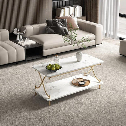 VECELO White and Gold Coffee Table with Storage and Open Shelves for Living Dining Room 39-Inch, Modern Rectangle & Industrial Design, X-Shape Frame, Easy Assemble