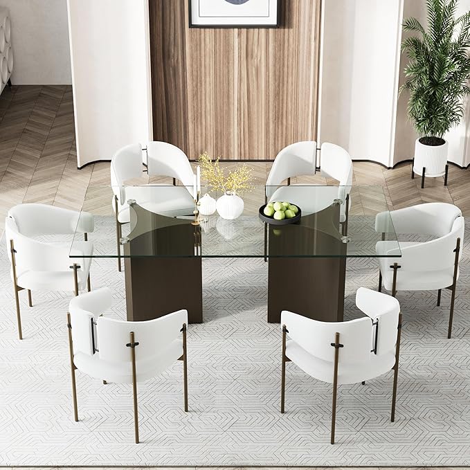 Asday 78” Modern Glass Dining Table, Rectangular Tempered Glass Kitchen Table with Dual Triangular Stainless Steel Pedestal for Living Room, Kitchen, Dining Room, Brushed Bronze