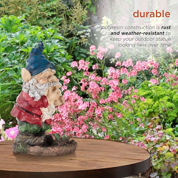 Alpine Corporation 15" Tall Outdoor Garden Gnome Smiling Yard Statue Decoration, Multicolor