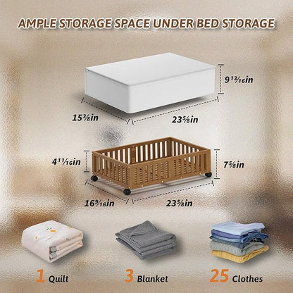 Under Bed Storage Containers with Wheels, 2 Pack Bamboo Under the Bed Shoe Storage Bins, Wood Rolling Underbed Drawers Organizer for Bedroom, Closet Clothes Blanket Comforter Under Crib Toy Walunt