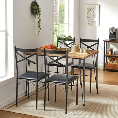 VECELO 5-Piece Dining Table Set for Home Kitchen Small Space Breakfast Nook, 4 Faux Leather Metal Frame Chairs, Retro Brown,Set for 4