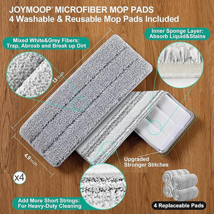 JOYMOOP Mop and Bucket with Wringer Set, Flat Squeeze Mop Flat Head, Dust Mops for Wall Cleaner with Long Handle, Hands-Free Microfiber Mops for Floor Cleaning - White