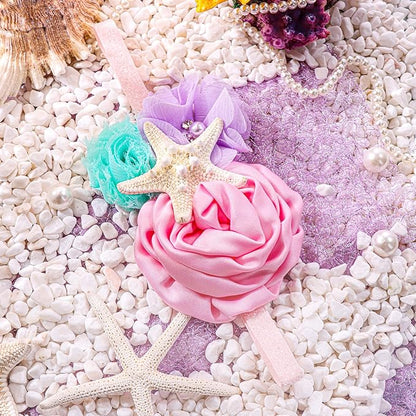 YanJie Mermaid Hairband - Aqua Lavender, Handmade Flower Headband with Starfish for Baby Girls, Newborn Hairbands for Daily Wear, Special Occasions, Photo Props, Birthday Party Gift