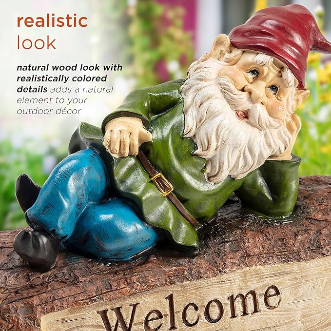 Alpine Corporation 9" Tall Outdoor Garden Gnome and Welcome Sign Yard Statue Decoration, Multicolor