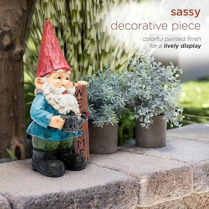 Alpine Corporation 12" Tall Welcome Outdoor Garden Gnome Yard Statue Decoration