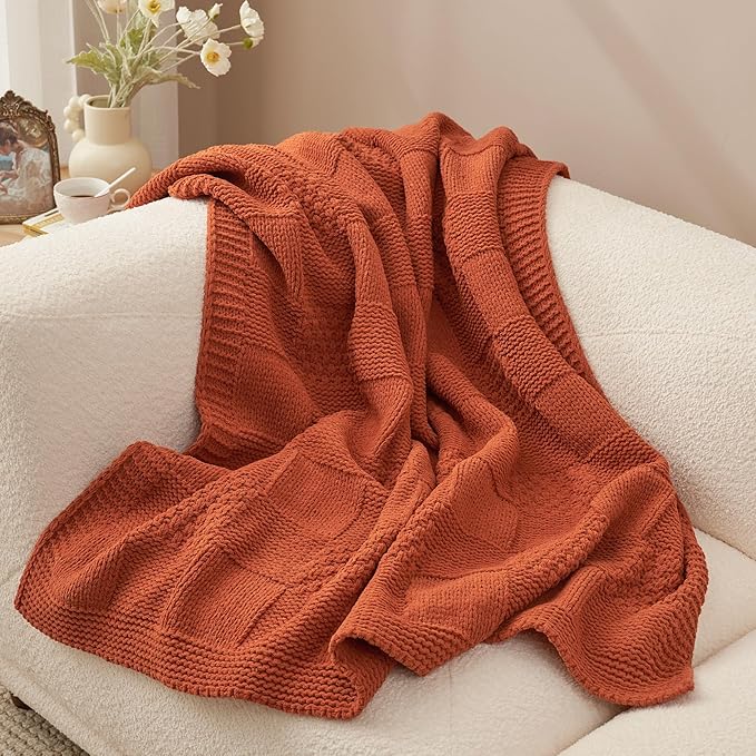 Amélie Home Checkered Chenille Knit Throw Blanket for Couch, Classic Texture Decorative Soft Blanket for Sofa, Chair & Bedroom, 50"x60", Burnt Orange