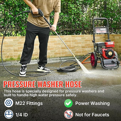 YAMATIC Pressure Washer Hose 50FT 1/4" ID, Standard (2) M22 Brass Fittings, 3200 PSI Kink-Resistant Replacement for Ryobi, Troy Bilt, Greenworks, CRAFTSMAN M22 Threads Power Washers