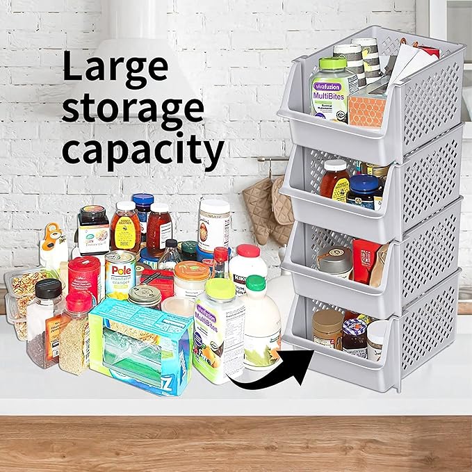 TidyFriend Stackable Storage Bins for Pantry, 4 Pack Stackable Bins For Organizing Food, Kitchen, and Bathroom Essentials (Light Grey)