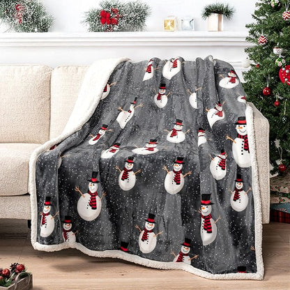 PAVILIA Premium Christmas Sherpa Throw Blanket, 50x60, Grey Snowman Cozy Fleece Holiday Blanket, Reversible Plush Winter Throw for Couch & Bed, Ultra Soft Warm