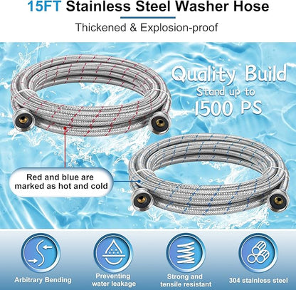 15FT Long Stainless Steel Washing Machine Hoses for Hot and Cold Water Supply Hoses with 3/4'' Standard NPT Connections Burst-proof No-leak Washing Machine Hoses 2 Pack by Fetechmate