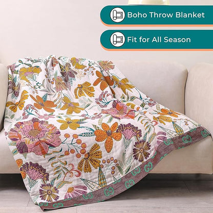 Boho Rustic Throw Blanket,100% Cotton Soft Vintage Bed Throw Blankets Floral Farmhouse Decor Throws,Reversible Throw for Sofa Couch, 60"×80" for All Seasons -White