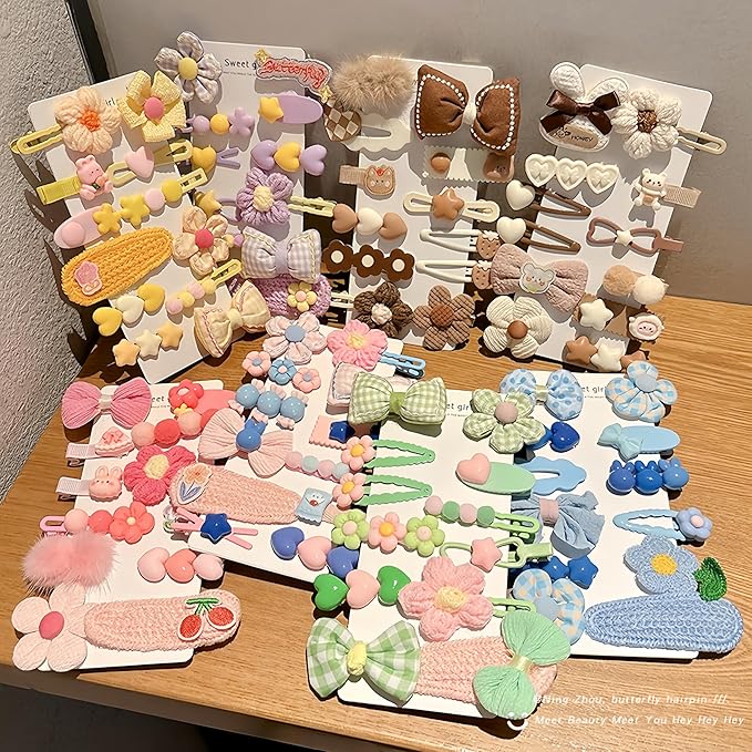 (12 Pcs) Super Cute Lovely Warm Autumn Winter Spring Theme Kid's Hairpin Flower Floral Bear Bowknot Hair Clips Hair Decoration Women Girls Salon Hairstyle Hairdressing Grip -Pink