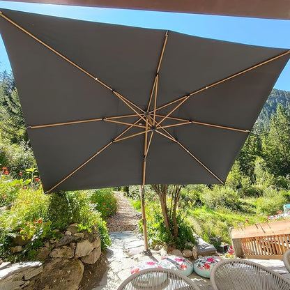 PURPLE LEAF 10‘ x 13’ Rectangle Patio Cantilever Umbrella With Base Large Hanging Umbrella Teak Finished Aluminum Frame Windproof Offset Outdoor Sun Umbrellas for Beach Pool Deck, Grey