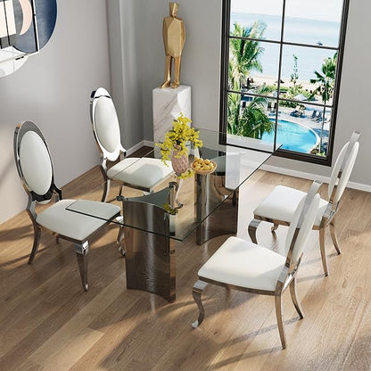 Asday Glass Dining Table, 70 inch Rectangular Dining Room Table, Double Pedestal Dining Table with Clear Tempered Glass Top and Mirrored Silver Trestle Base