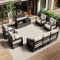 Aluminum Outdoor Conversation Furniture Set with Furniture Covers & 6" Cushions- Patio 79" Sofa with 4 Chairs & 63" Steel Propane Fireplace, 50,000 BTU Fire Pit with CSA Certified (Beige)