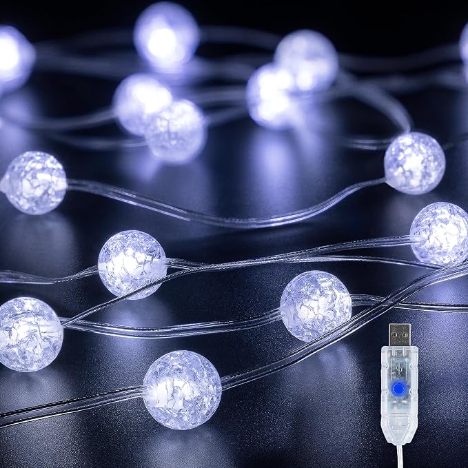 Upgrade Globe String Lights,10FT 30 LED USB Fairy Lights,8 Modes Crystal Crackle Ball Lights,Waterproof Decorative Christmas Lights for Indoor,Outdoor,Bedroom,Classroom,Wedding,Party,White