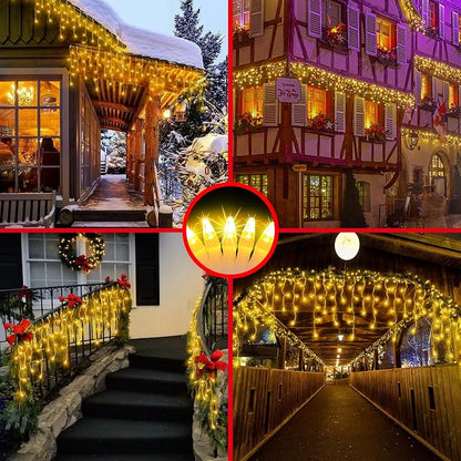 504LED 50ft Christmas Lights, 112Drops 12 Modes Warm White Christmas String Lights Outdoor Dimmable, Waterproof Christmas Decoration Fairy Lights with Timer for Indoor Eaves Party Patio Window Fence