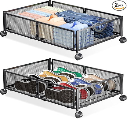 Yecaye Under Bed Storage with Wheels, 2 Pack Under Bed Shoe Storage Organizer Drawer, Tool-free Assembly Metal Underbed Storage Containers for Clothes, Shoes, Black