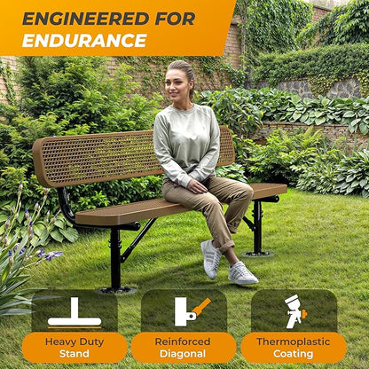Heavy-Duty Outdoor Metal Bench, Thermoplastic-Coated, Surface, Weatherproof, Commercial-Grade for Parks, Gardens, Patios, Stores & More (6 Ft - Surface with Back, Brown)