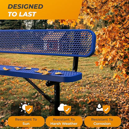 Heavy-Duty Outdoor Metal Bench, Thermoplastic-Coated, Surface, Weatherproof, Commercial-Grade for Parks, Gardens, Patios, Stores & More (6 Ft - Surface with Back, Blue)