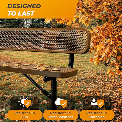 Heavy-Duty Outdoor Metal Bench, Thermoplastic-Coated, Surface, Weatherproof, Commercial-Grade for Parks, Gardens, Patios, Stores & More (8 Ft - Surface with Back, Brown)